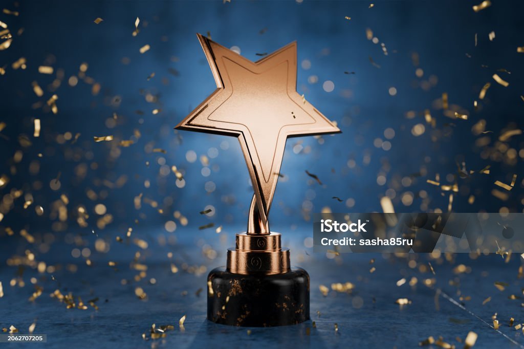Gold star on a blue background as a reward. Top Performance Award. Winners Cup. Achievements. Victory. Goal achievement concept. Winner certificate. First place in a computer game. 3D rendering.